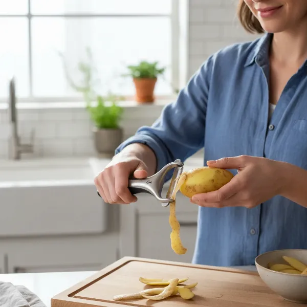 A left-handed cook comfortably peeling a potato with an ergonomically designed Y-peeler, showcasing ease of use and precision. The kitchen counter is clean and well-lit, emphasizing a pleasant cooking experience.