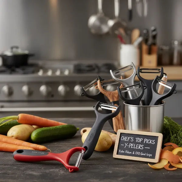 A collection of top-rated Y-peelers, including Kuhn Rikon and OXO models, arranged on a kitchen counter, representing expert recommendations