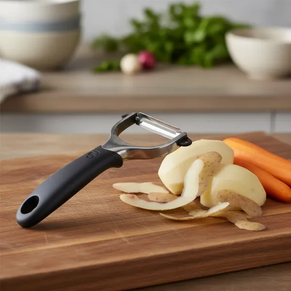 Close-up of the Chef Craft Select Peeler blade and handle, showcasing its simplicity next to a variety of peeled vegetables.