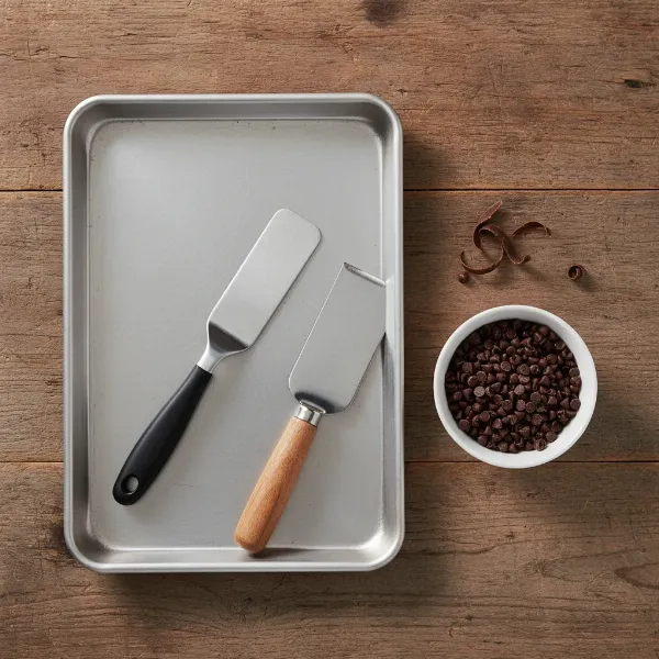 Essential tools for making chocolate curls including a baking sheet, offset spatula, and metal scraper on a wooden surface