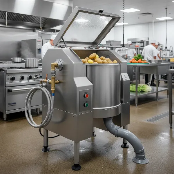 A large, stainless steel commercial abrasive potato peeler with a drum-like chamber and water connections, indicating heavy-duty kitchen equipment.