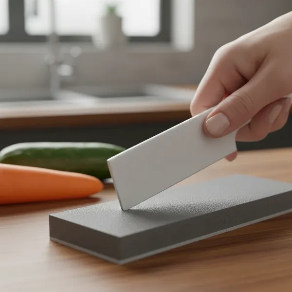A close-up of a hand carefully sharpening a ceramic peeler blade with a fine-grit diamond sharpening stone, illustrating the precise angle and gentle motion.