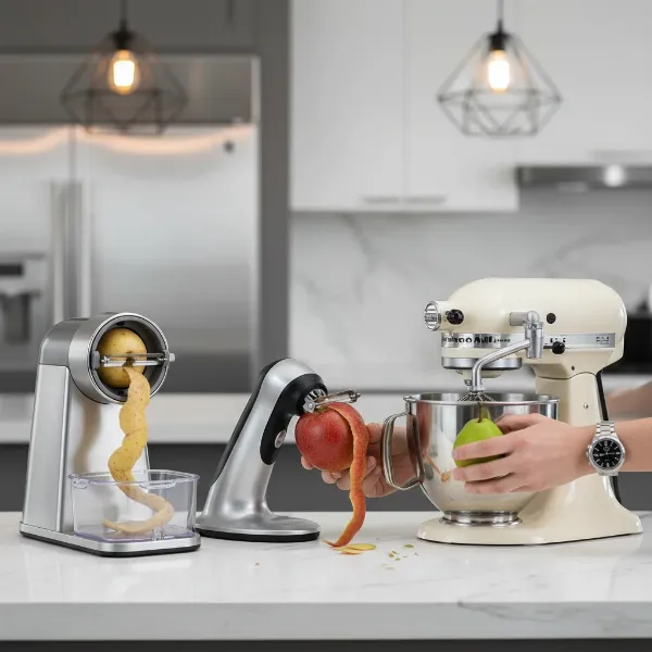 Various types of electric peelers, including automatic spindle and handheld models, illustrating their designs and functions.