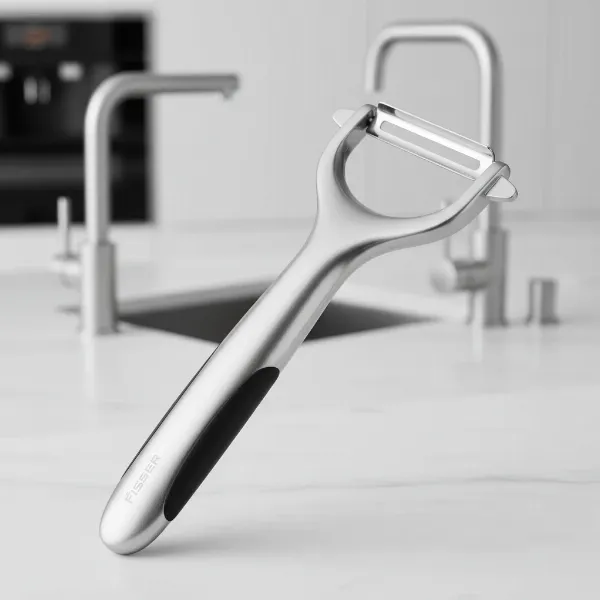 Close-up of the Fissler Magic Kitchen Peeler showcasing its stainless steel design and ergonomic handle