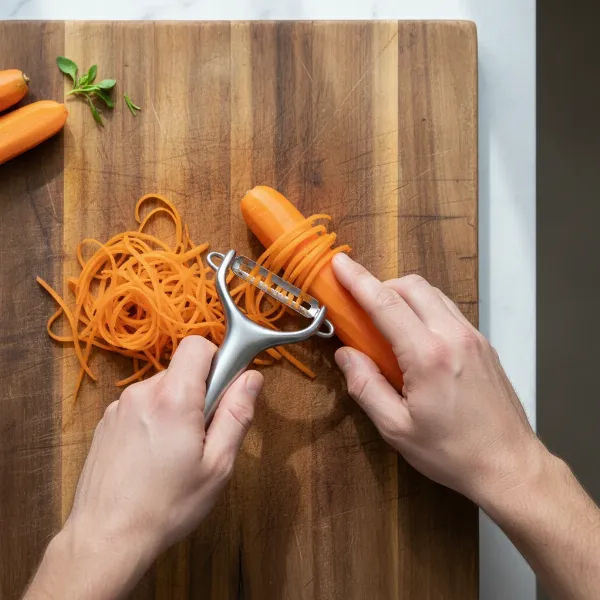 A hand demonstrates how to use a julienne peeler on a carrot to create uniform strings on a cutting board.