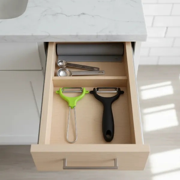 A collection of compact peelers, including a green Kuhn Rikon Original Swiss Peeler and a black OXO Good Grips Y-Peeler, neatly arranged in a small kitchen drawer.