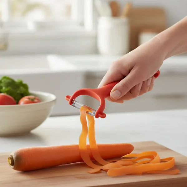 A Le Creuset Revolution swivel peeler peeling a carrot, showcasing the thin strips and ergonomic grip.