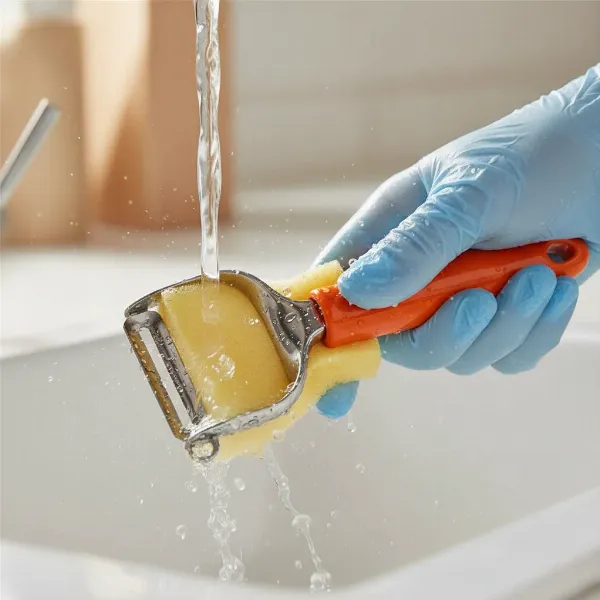A Le Creuset Revolution peeler being hand-washed, emphasizing care and longevity.