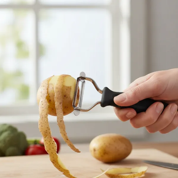 A close-up of an OXO Good Grips Swivel Peeler peeling a potato, highlighting the ergonomic handle and sharp blade.