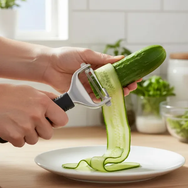 An OXO Good Grips Pro Y-peeler being used to slice thin cucumber ribbons, emphasizing its ergonomic handle and sharp blade.