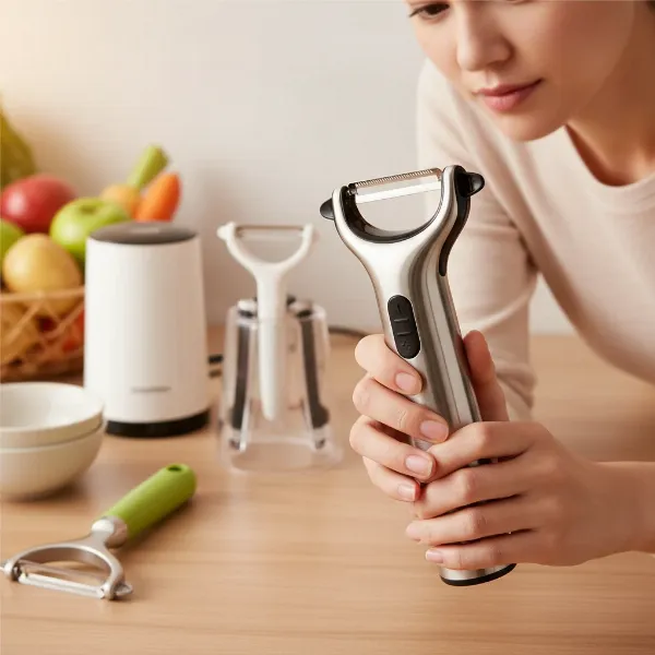 A person thoughtfully examining different electric peelers in a modern kitchen setting, highlighting the decision-making process for buying.