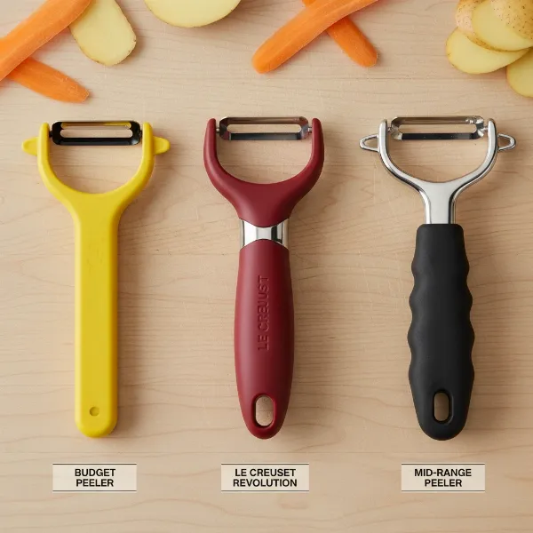 A visual comparison of Le Creuset Revolution peeler with a generic budget peeler and a mid-range peeler, highlighting design differences.