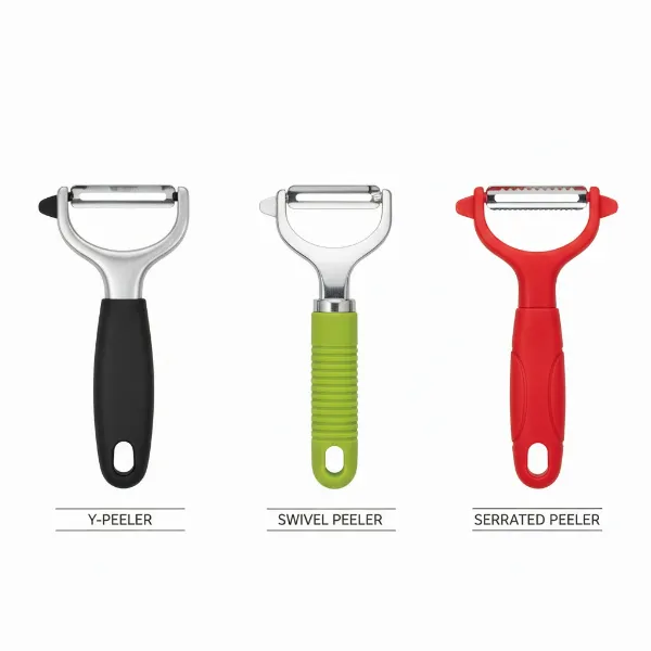 A clear side-by-side comparison of a Y-peeler, a swivel peeler, and a serrated peeler, highlighting their distinct designs
