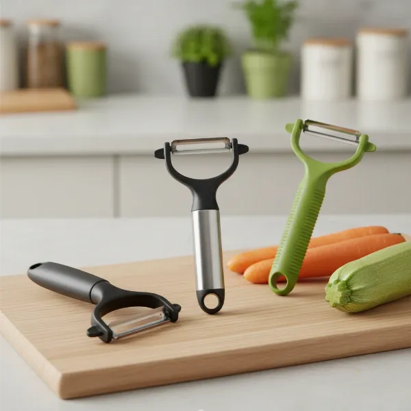 An assortment of different types of vegetable peelers, including Y-peelers, swivel peelers, and serrated peelers, laid out on a kitchen surface.