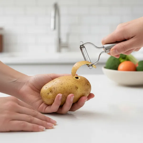 A hand using a Y-peeler to remove a small blemish from a potato, showing a clean, precise cut