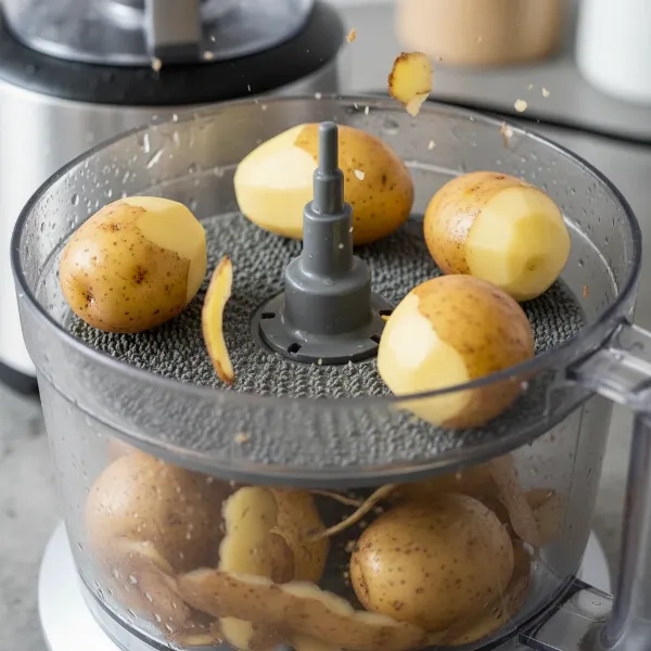 Close-up of the Sage/Breville Sous Chef Peel & Dice Food Processor's peeling disc attachment with potatoes.