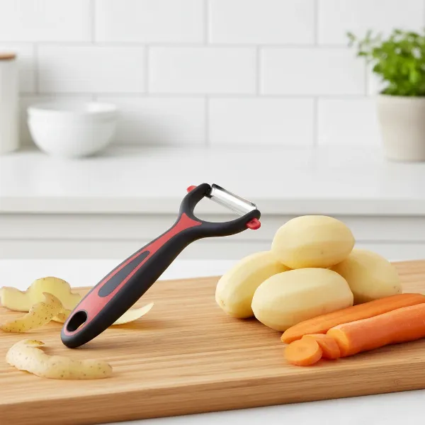 Westmark Gallant Swivel Peeler with its ergonomic handle and stainless steel blade on a cutting board with peeled vegetables.