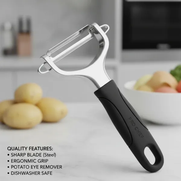 A close-up of a Y-peeler highlighting its sharp blade, ergonomic handle, and potato eye remover, demonstrating key features for selection