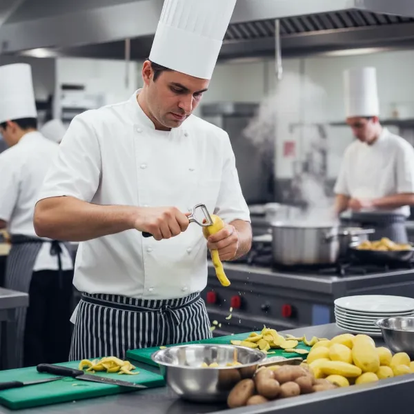 A professional chef rapidly peeling potatoes with a stainless steel Y-peeler in a busy kitchen setting, emphasizing speed and efficiency