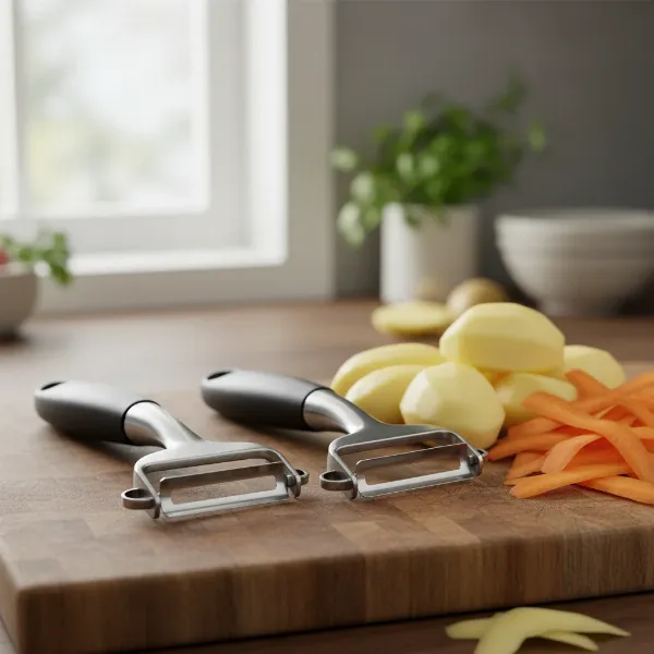 Close-up of a Y-peeler and a swivel peeler side-by-side on a cutting board with peeled vegetables, highlighting their different blade orientations for a peeler comparison